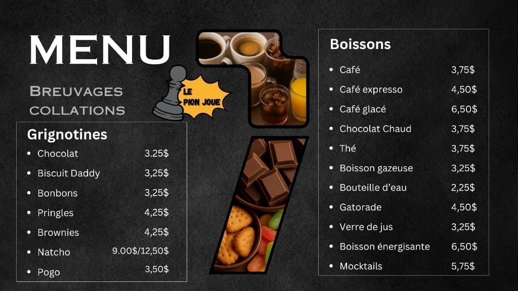 Menu breuvages et collations — Pion Joue